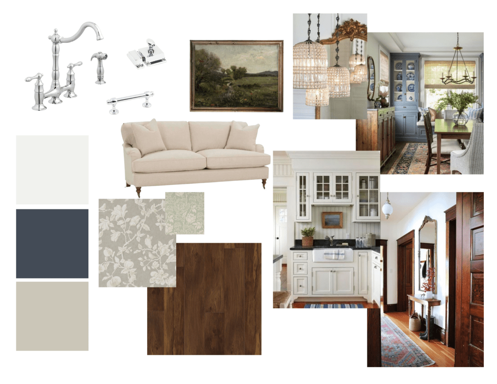 Inspiration Board for Barlow Blue House. Colonial, traditional, vintage, dark wood.